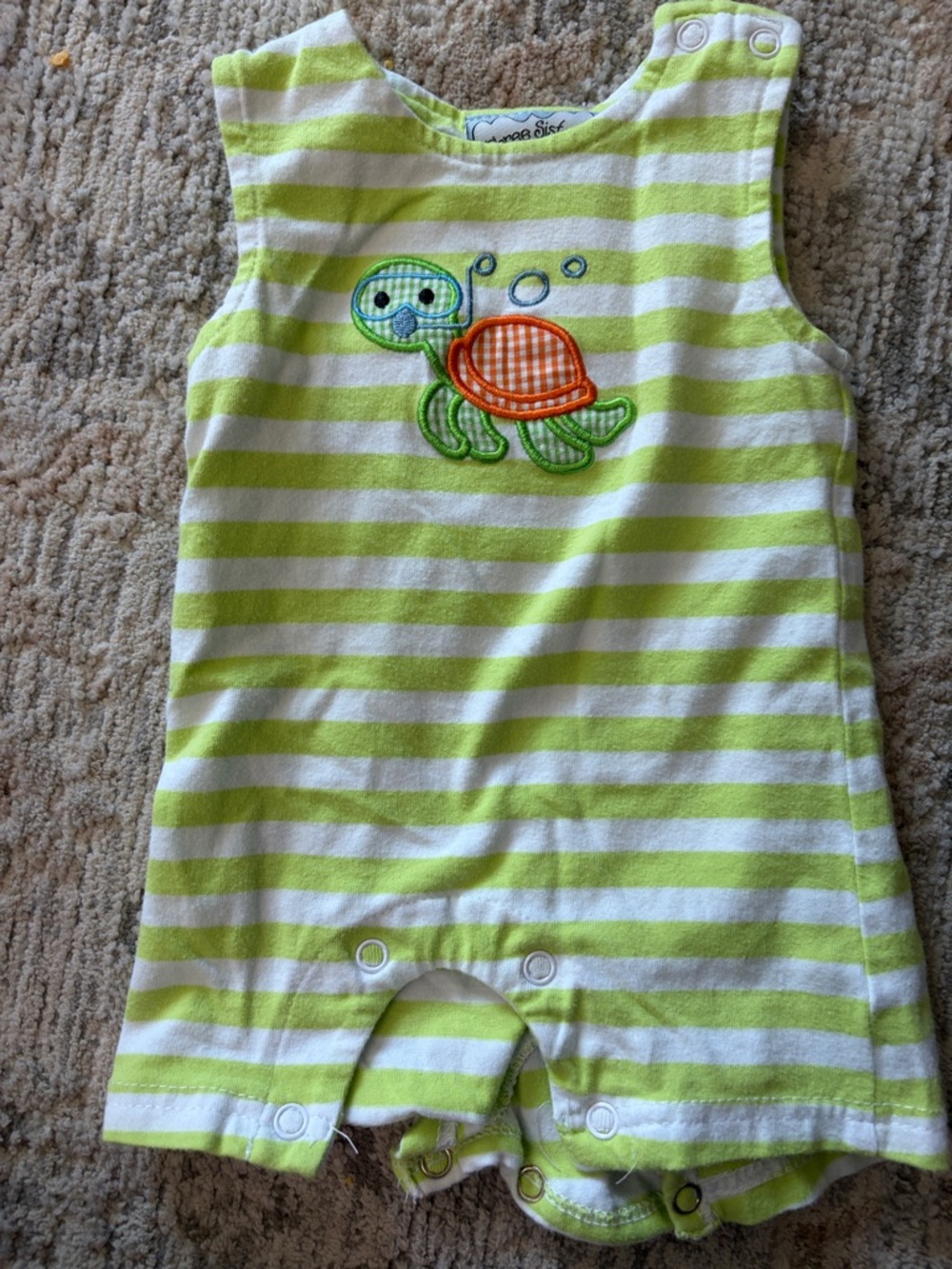 Three Sisters Lime & White Striped Baby Romper with Turtle Applique